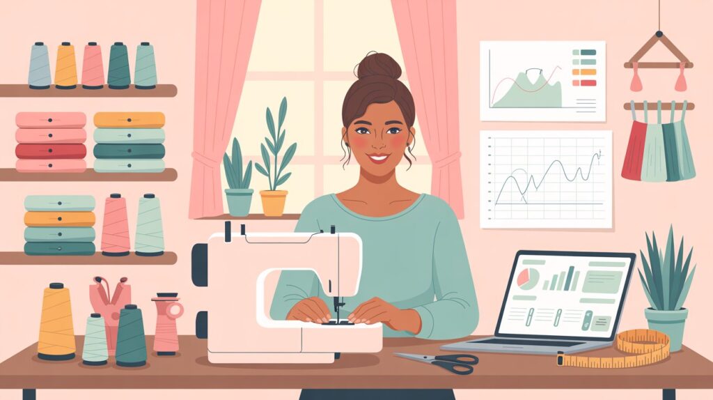 Artesã de costura criativa produzindo um estojo de tecido enquanto consulta gráficos simples de gestão no notebook.