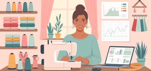 Empreendedora de costura criativa planejando seu negócio artesanal no notebook, analisando custos e aprendendo como transformar talento em renda.