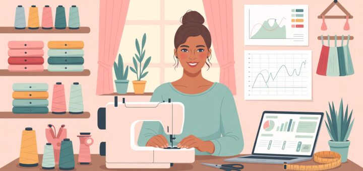 Empreendedora de costura criativa planejando seu negócio artesanal no notebook, analisando custos e aprendendo como transformar talento em renda.