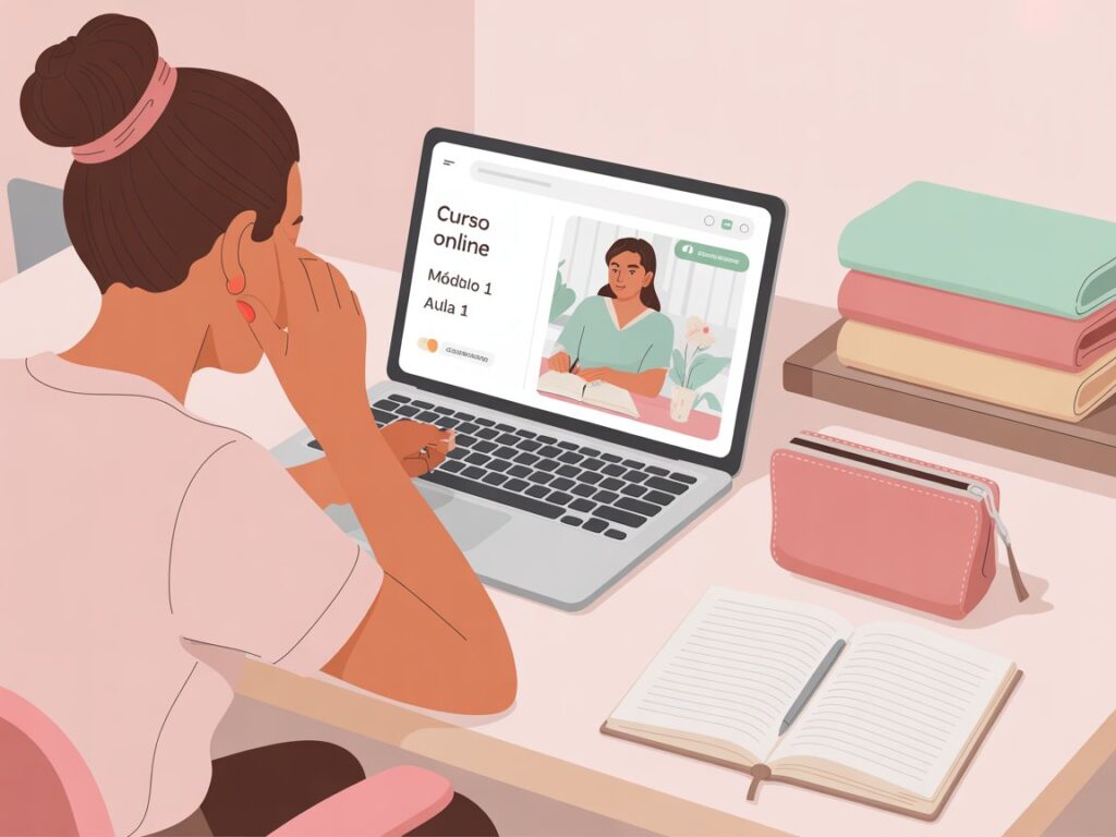 Artesã de costura criativa assistindo a um curso online com materiais de estudo sobre a mesa.