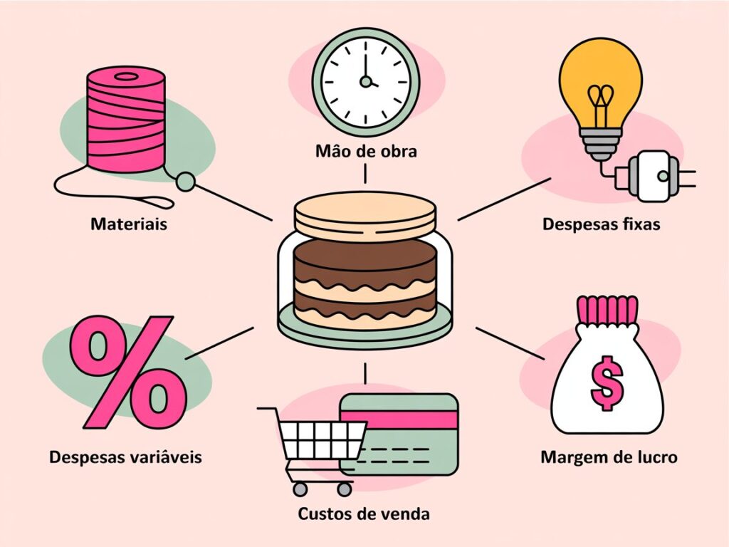 Infográfico com um bolo no pote ao centro e seis ícones rotulados para explicar os componentes do preço de venda.