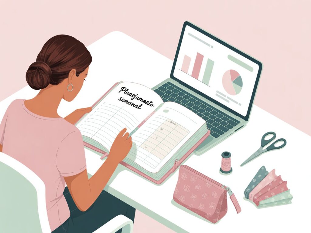 Artesã revisando um planejamento semanal com gráficos simples no notebook e um estojo de tecido sobre a mesa.