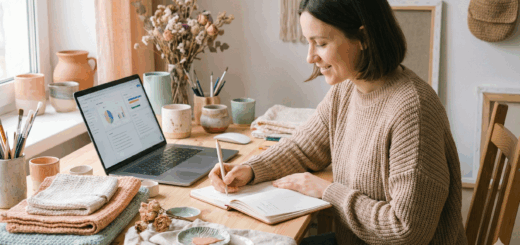 Artesã em seu ateliê organizando o negócio criativo com caderno de planejamento e notebook.