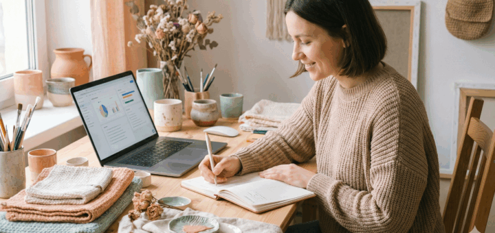 Artesã em seu ateliê organizando o negócio criativo com caderno de planejamento e notebook.