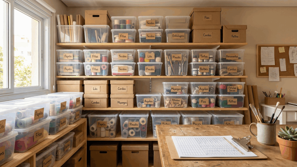 Prateleiras de ateliê com caixas de materiais etiquetadas em português e um catálogo de materiais em uma prancheta.  