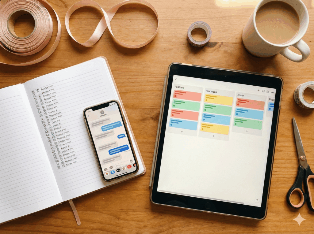Mesa com caderno de pedidos, celular e tablet exibindo um quadro Kanban com colunas “Pedidos”, “Produção” e “Envio”