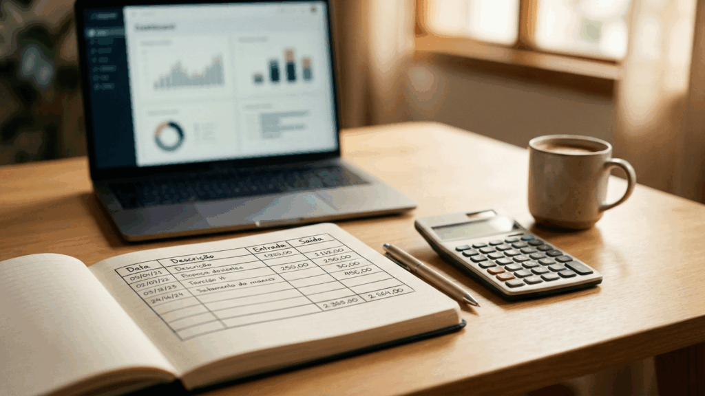 Tabela simples de fluxo de caixa com colunas “Data”, “Descrição”, “Entrada” e “Saída” ao lado de calculadora e caneta.  