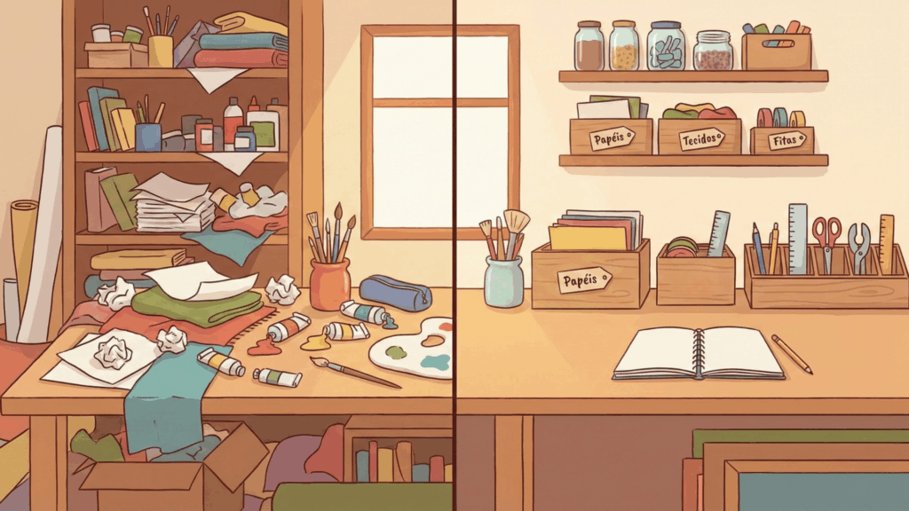 Ilustração dividida mostrando um ateliê bagunçado de um lado e totalmente organizado do outro.