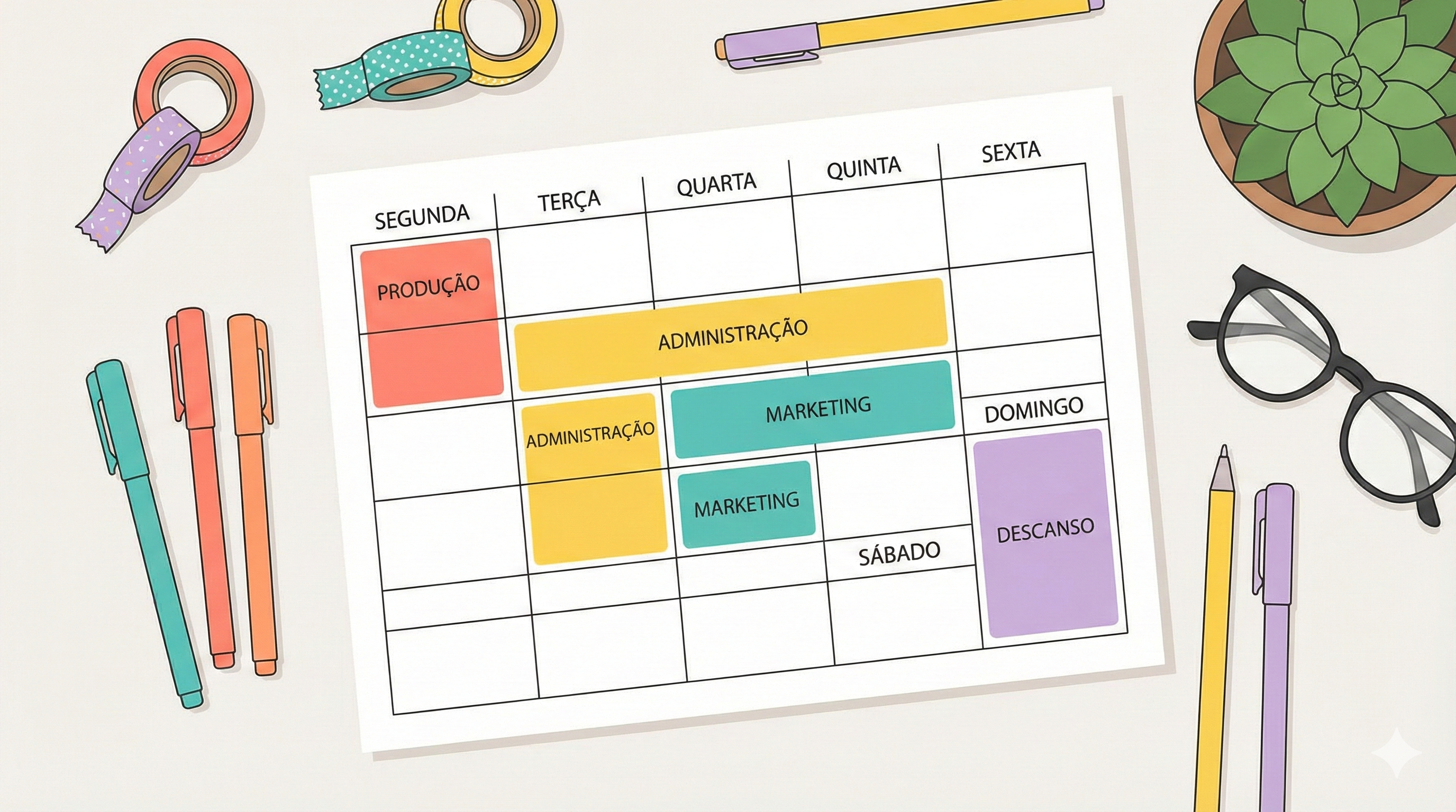 Planner semanal visto de cima com dias em português e blocos coloridos para “Produção”, “Administração”, “Marketing” e “Descanso”.