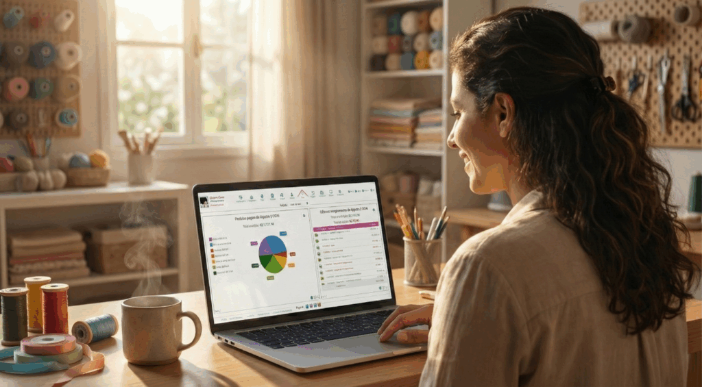 Artesã sorrindo em ateliê organizado enquanto verifica planejamento do dia no notebook