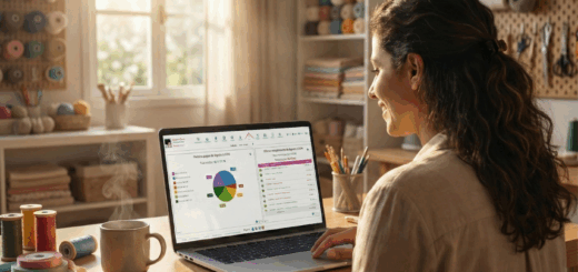 Artesã sorrindo em ateliê organizado enquanto verifica planejamento do dia no notebook