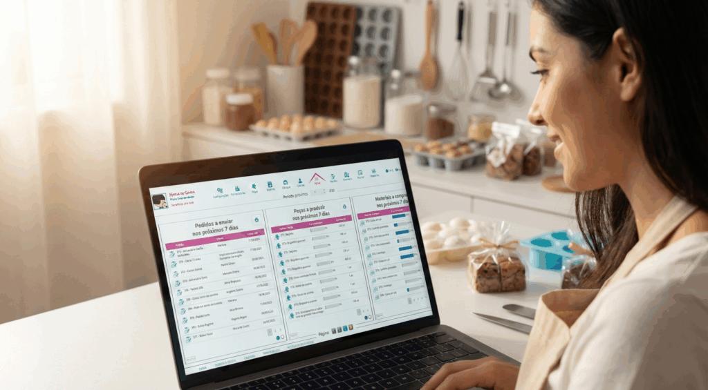 Mulher olhando notebook com painel de desempenho mostrando pedidos, peças a produzir e materiais a comprar