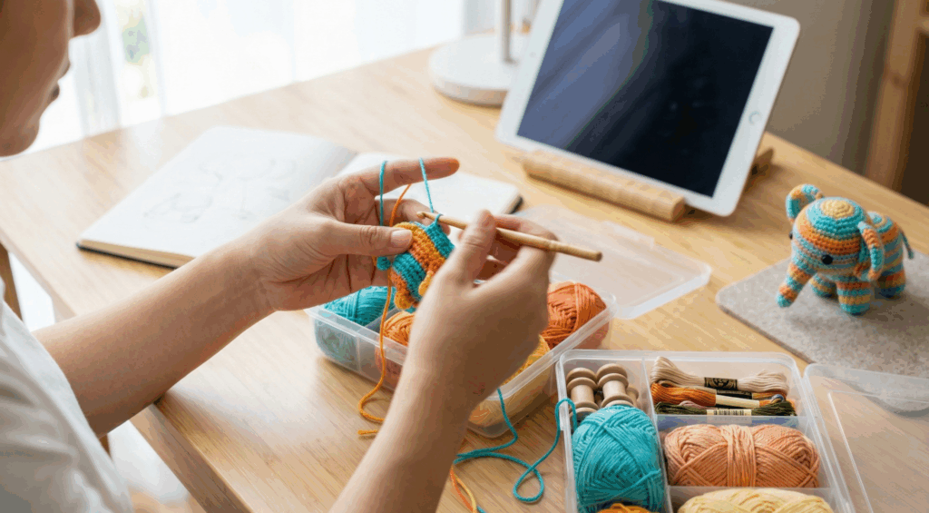 Artesã trabalhando em peça de crochê com ambiente de ateliê organizado ao redor