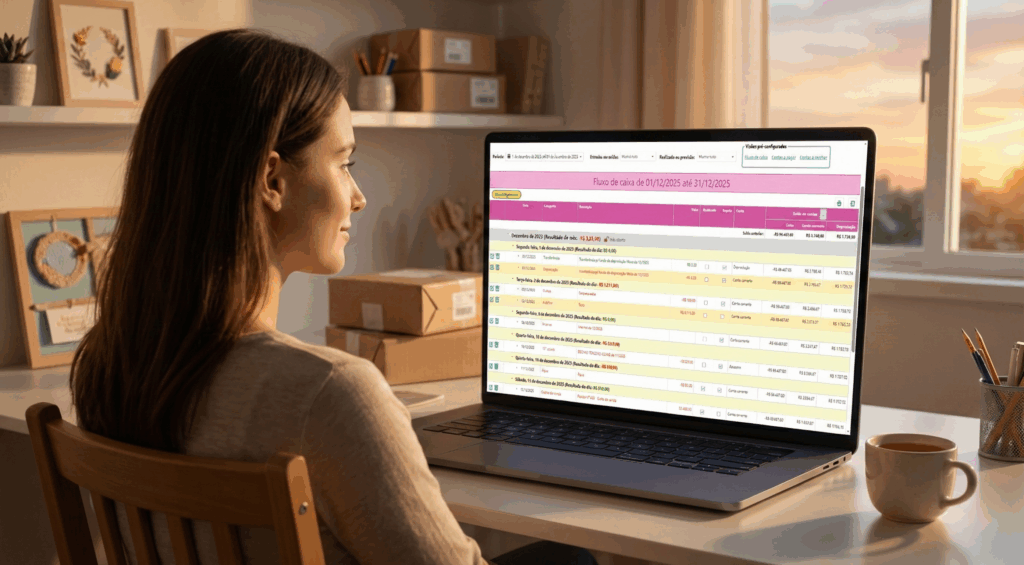 Mulher relaxada olhando tela de notebook com gráfico de fluxo de caixa em ateliê ao entardecer