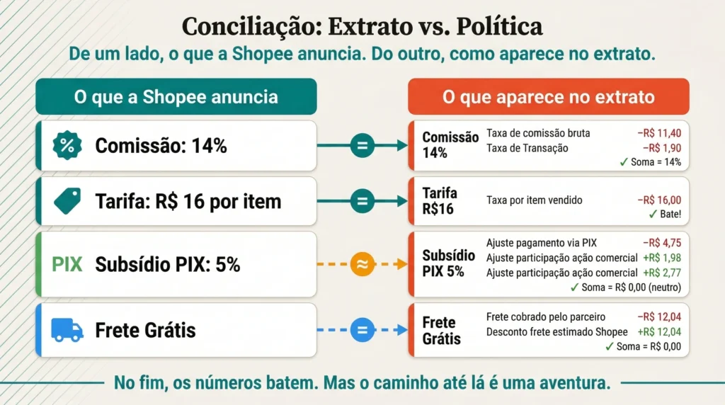 Mapa de conciliação visual mostrando como as taxas anunciadas pela Shopee de 14% de comissão e R$16 de tarifa aparecem divididas em múltiplas linhas no extrato de renda estimada