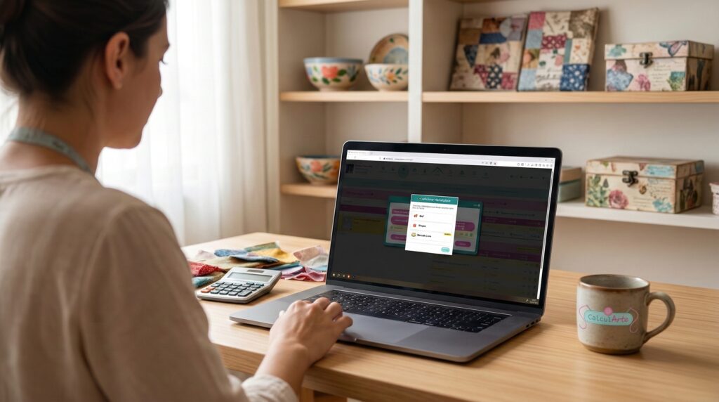Artesã analisando taxas do Elo7 no notebook em ateliê organizado