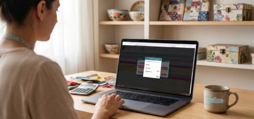 Artesã analisando taxas do Elo7 no notebook em ateliê organizado