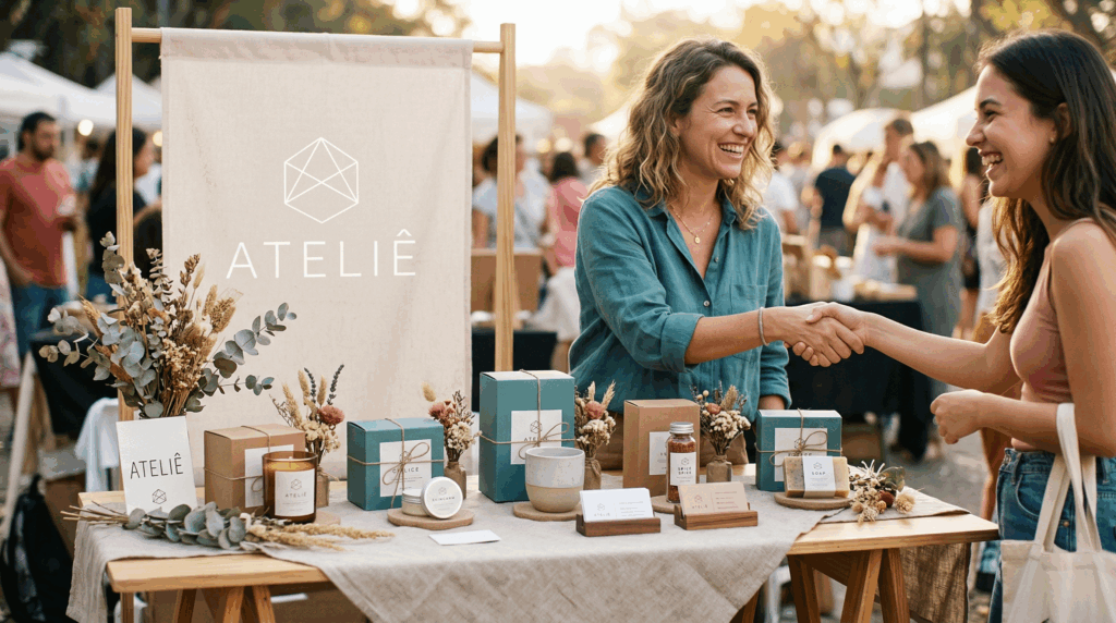 Artesã em feira expondo seus produtos artesanais com embalagens cuidadas e identidade visual própria, cumprimentando cliente.