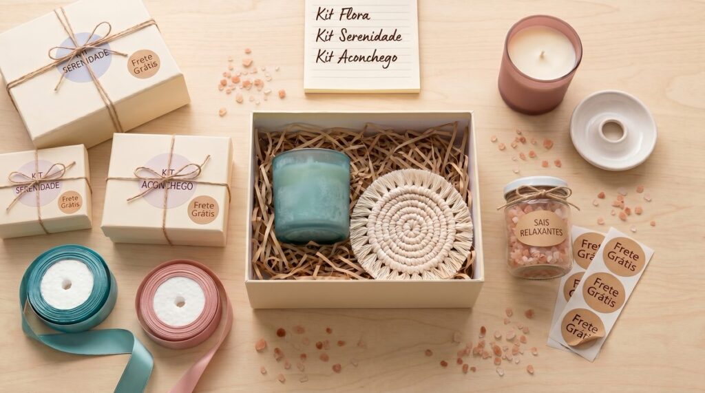 Montagem de kits promocionais para Black Friday: caixa com vela, sabonete e coaster, etiqueta com preço promocional.