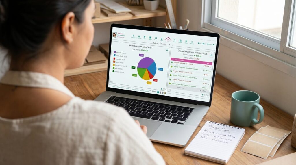 Artesã usando sistema de gestão de pedidos no laptop em seu ateliê, com lista de encomendas sazonais na tela.