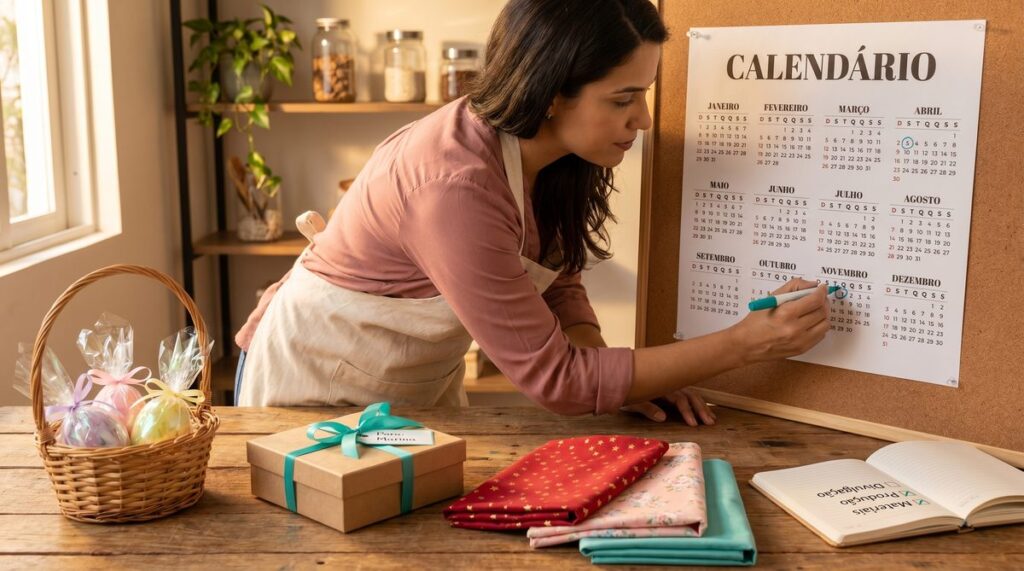Artesã planejando o calendário de vendas em seu ateliê, com materiais sazonais e checklist de produção sobre a mesa.