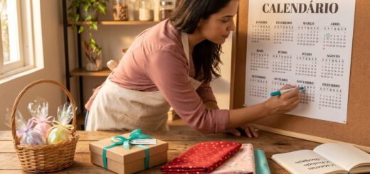 Artesã planejando o calendário de vendas em seu ateliê, com materiais sazonais e checklist de produção sobre a mesa.