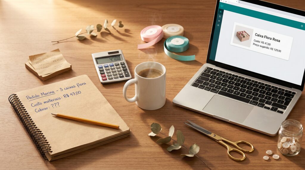 Mesa de trabalho de artesã com caderninho de anotações ao lado de laptop mostrando sistema de precificação digital, representando a evolução da gestão artesanal