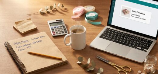 Mesa de trabalho de artesã com caderninho de anotações ao lado de laptop mostrando sistema de precificação digital, representando a evolução da gestão artesanal