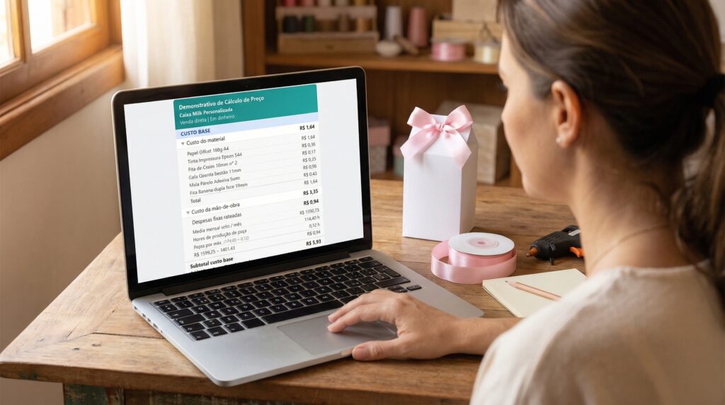 Artesã consultando o Demonstrativo de Cálculo de Preço do Calcularte no notebook, mostrando o custo base detalhado de uma Caixa Milk Personalizada.