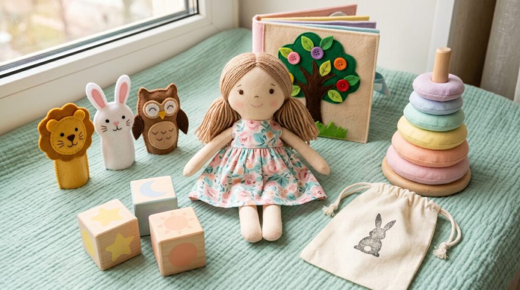 Brinquedos artesanais infantis: boneca de pano, fantoches de feltro, torre de argolas e blocos pintados.