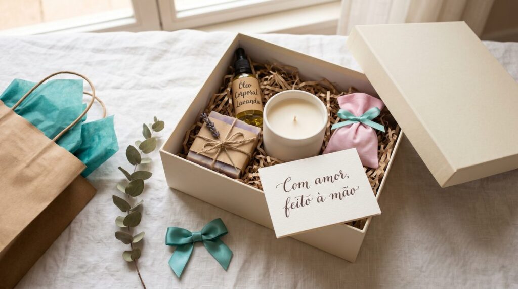 Kit de presente artesanal para o Dia das Mães com vela, sabonete, óleo corporal e sachê em caixa de presente elegante.