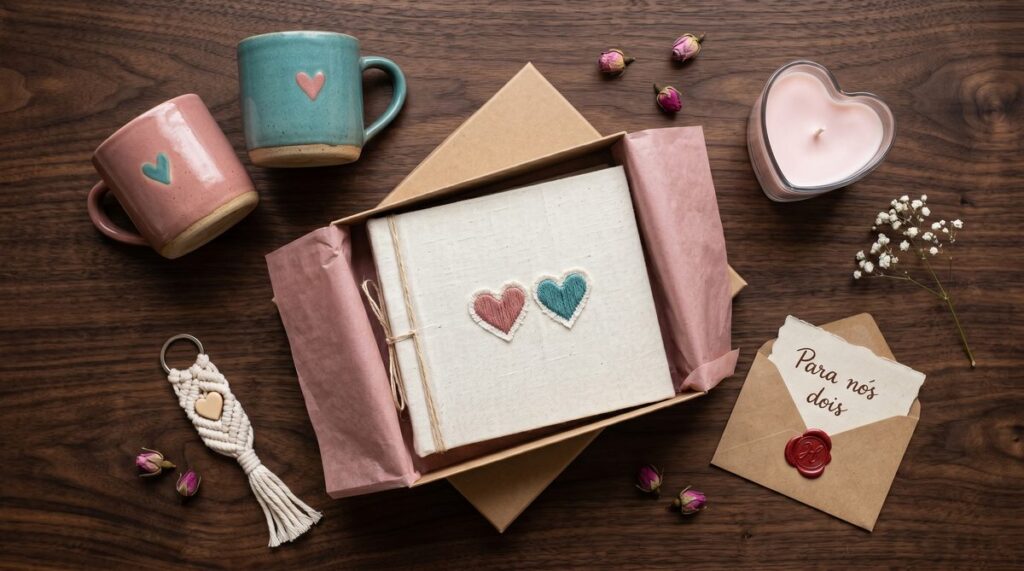 Flat lay de presentes artesanais para o Dia dos Namorados: álbum, canecas, vela e chaveiro sobre mesa de madeira.