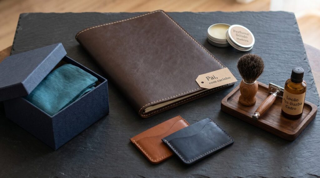 Presentes artesanais masculinos: porta-documentos em couro, caixa de cartonagem, nécessaire e porta-cartões.