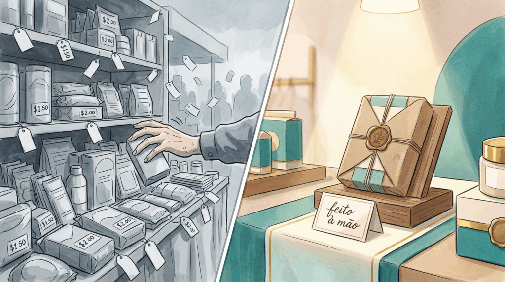 Ilustração comparando dois mercados: o de competição por preço com produtos genéricos e o de posicionamento por valor com artesanato personalizado.
