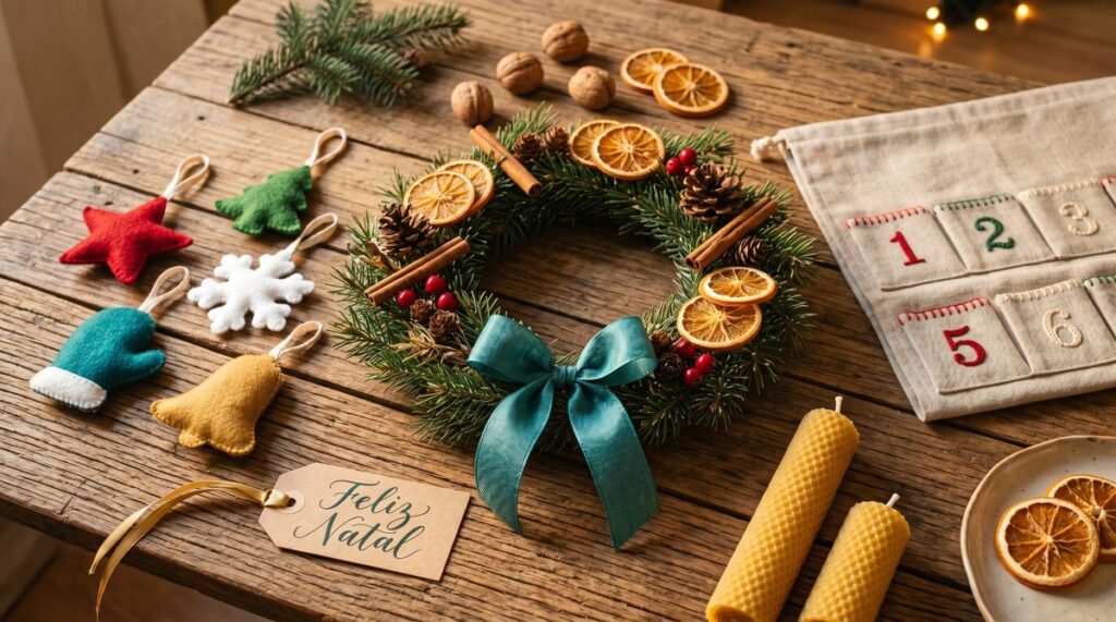 Decoração natalina artesanal: guirlanda natural, enfeites de feltro, calendário do advento e velas de cera de abelha.
