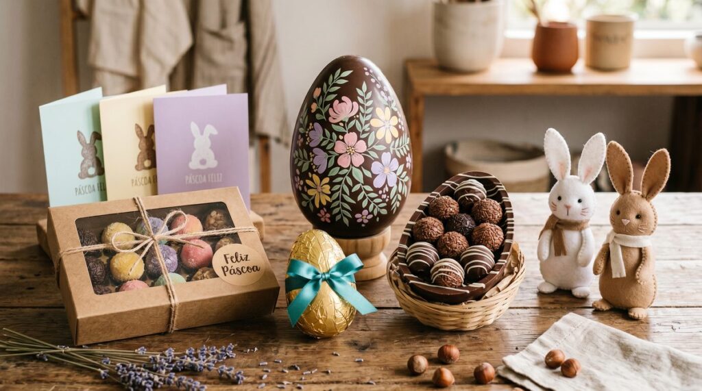 Mesa com ovos de Páscoa artesanais decorados, caixa de trufas com selo Feliz Páscoa e coelhinhos de feltro.