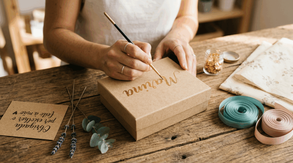 Mãos de artesã personalizando uma caixa artesanal escrevendo o nome 'Marina' em dourado, cercada por materiais de embalagem.