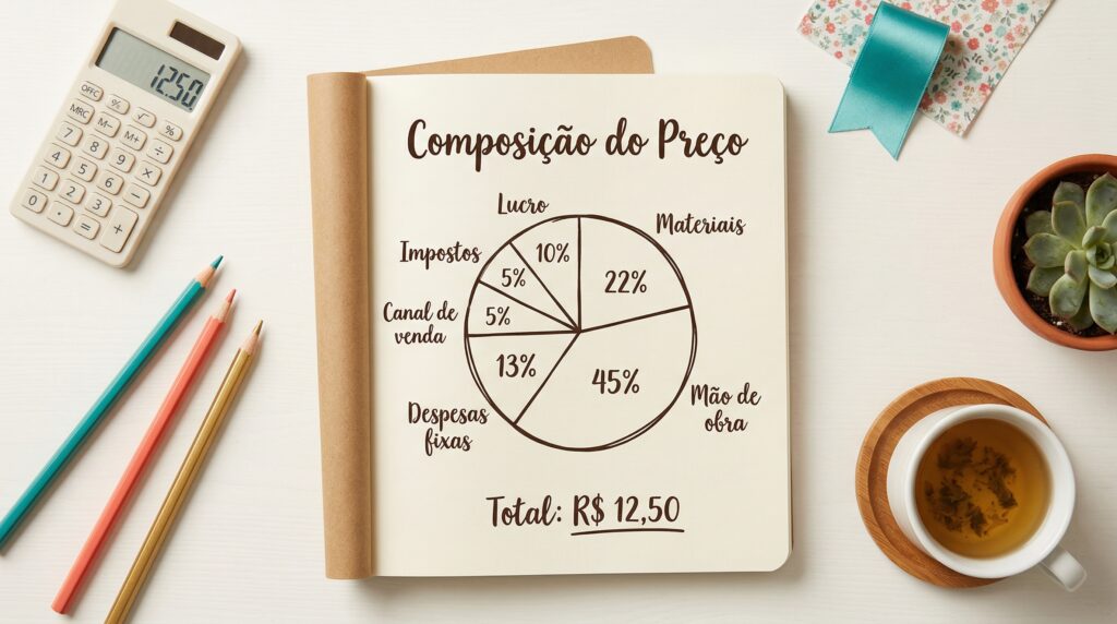 Vista de cima de caderno com diagrama dos seis pilares da precificação artesanal: Materiais 22%, Mão de obra 45%, Despesas fixas 13%, Canal de venda 5%, Impostos 5% e Lucro 10%.