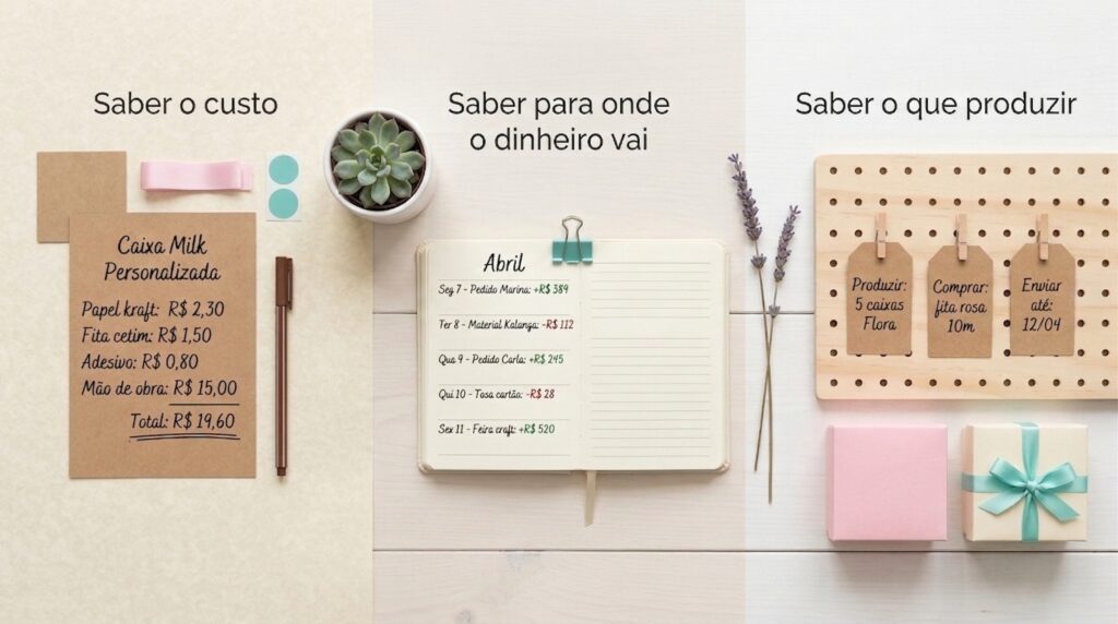 Flat lay de mesa artesanal organizada mostrando os três processos essenciais: custos de produto em ficha kraft, fluxo de caixa em planner e organização de produção em painel com tags