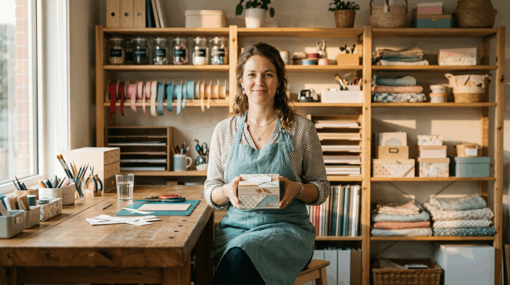 Artesã confiante em seu ateliê organizado segurando peça artesanal finalizada com carinho.