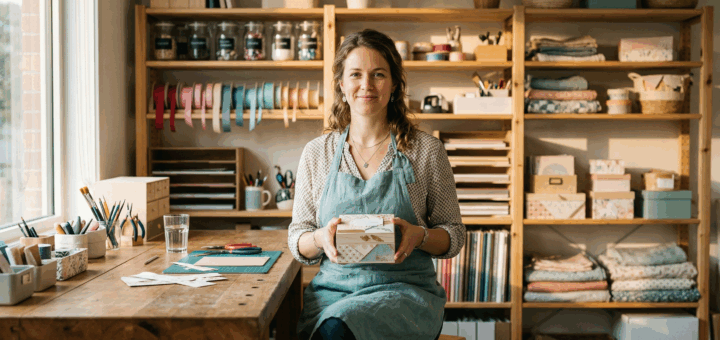 Artesã confiante em seu ateliê organizado segurando peça artesanal finalizada com carinho.