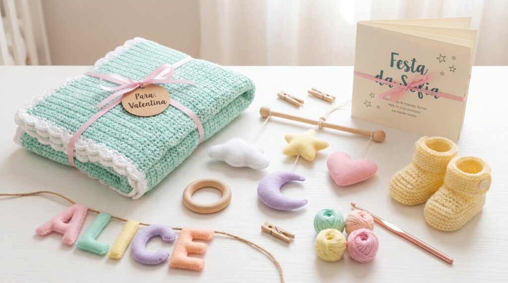 Mesa com produtos artesanais infantis: manta de crochê, mobile de feltro, sapatinhos de tricô, bandeirola personalizada e convites de festa.