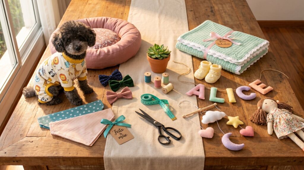 Mesa de ateliê artesanal dividida em dois mundos: produtos pet (poodle de roupinha, caminha, bandanas, gravatinhas) e produtos infantis (manta de crochê, mobile de feltro, sapatinhos, bandeirola ALICE).
