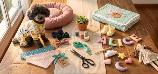 Mesa de ateliê artesanal dividida em dois mundos: produtos pet (poodle de roupinha, caminha, bandanas, gravatinhas) e produtos infantis (manta de crochê, mobile de feltro, sapatinhos, bandeirola ALICE).