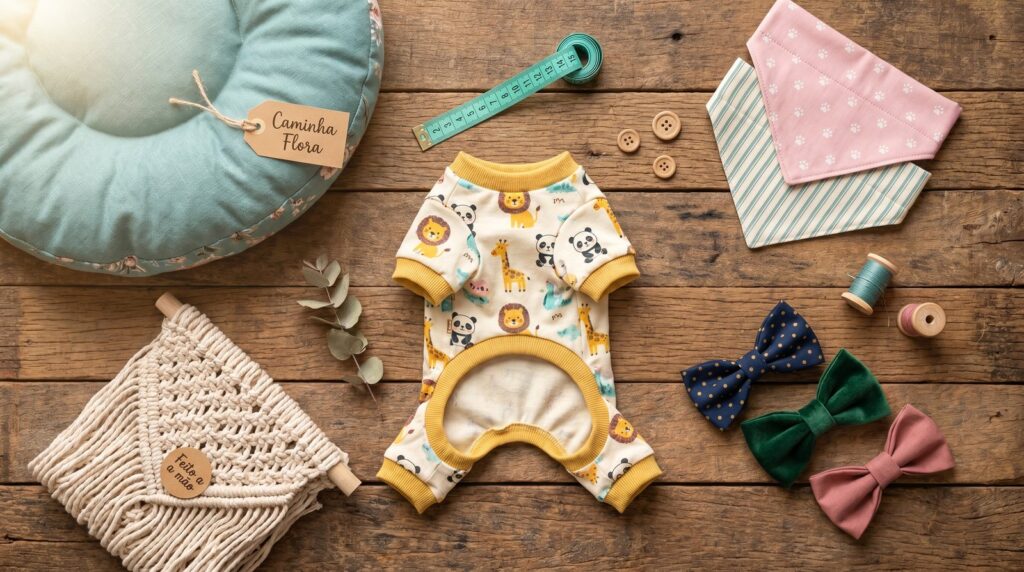 Flat lay de acessórios artesanais para pets: caminha teal, roupinha de cachorro estampada, bandanas, rede de macramê e gravatinhas feitas à mão.