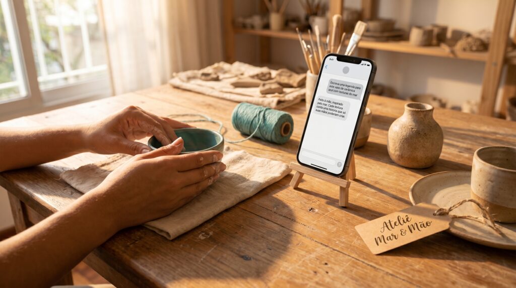 Mãos de artesã trabalhando em peça de cerâmica com celular ao lado mostrando conversa com inteligência artificial