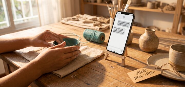 Mãos de artesã trabalhando em peça de cerâmica com celular ao lado mostrando conversa com inteligência artificial
