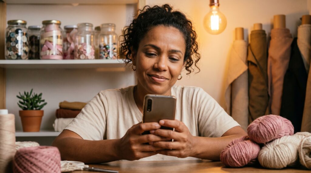 Artesã olhando para o celular com expressão de curiosidade e descoberta em seu ateliê