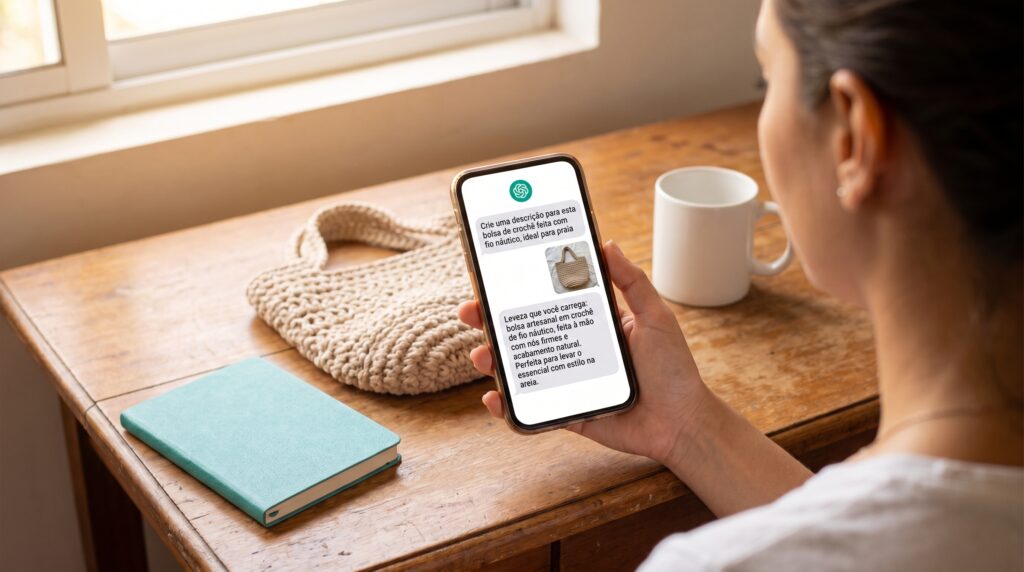 Artesã digitando pedido para inteligência artificial no celular ao lado de seus produtos artesanais