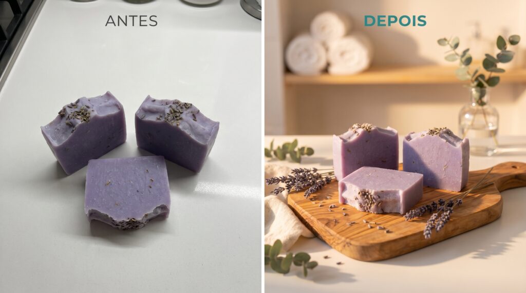 Comparação antes e depois: foto simples de sabonete artesanal à esquerda e mesma peça com cenário profissional gerado por IA à direita